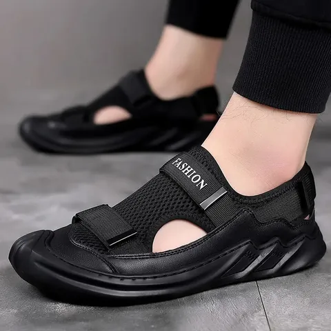 Sandalias de Malla y Cuero de Vaca para Hombre Transpirables Antideslizantes Zapatos de Playa Casual con Cierre de Velcro