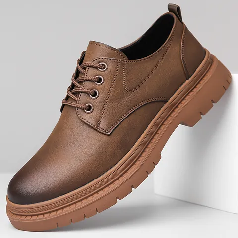 Men Cowhide Leather Derby Shoes British Style Thick Rubber Sole Business Casual Retro Oxford Shoes With Contrast Stitching