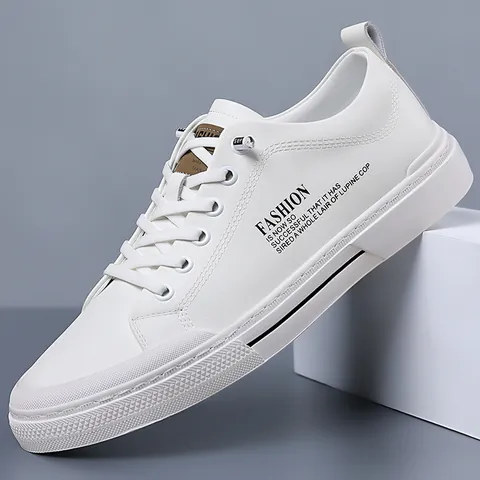 Men's Genuine Cowhide Leather Casual Board Shoes Soft Sole Non-slip Breathable Low Top Lace-up Sneakers White Off-white Fashion Walking Shoes