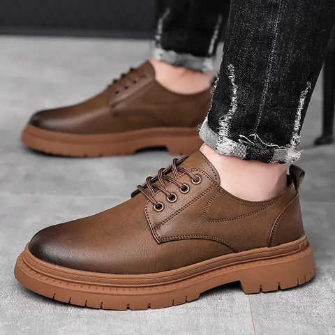 Men Cowhide Leather Derby Shoes British Style Thick Rubber Sole Business Casual Retro Oxford Shoes With Contrast Stitching