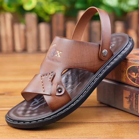 Men Casual Cow Split Leather Beach Sandals Non-Slip Breathable Dual-Use Outdoor Summer Sandal Slippers For Dating Fashion Men