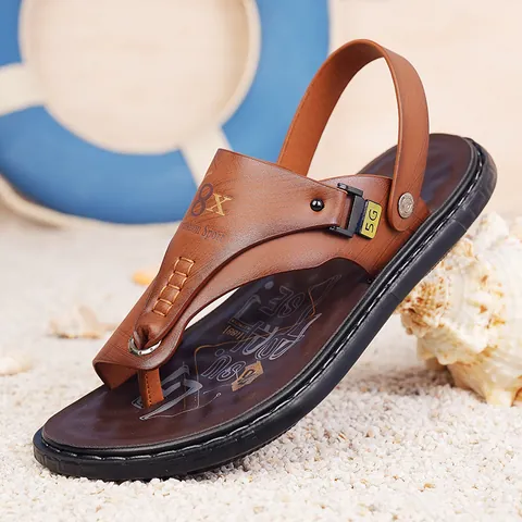 Men's Casual Split Leather Sandals Soft Sole Non-slip Beach Shoes Dual Use Flip Flops Summer Outdoor Fashion Slides For Men