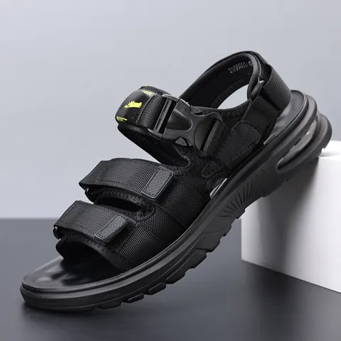 Men's Sports Sandals With Air Cushion Black Webbing Strap Casual Beach Shoes Non-Slip Breathable Adjustable Sandals