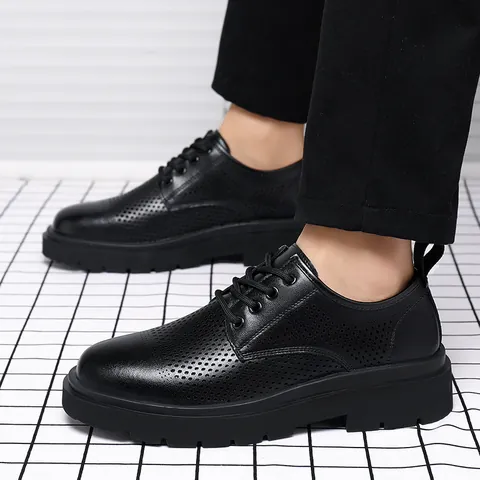 Scarpe Casual da Uomo in Pelle Traforata Traspirante Suola Spessa Antiscivolo Stringate Business Estive in Pelle Crosta