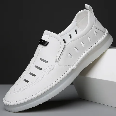 Men Casual Hollow Out Leather Sandals Breathable Slip-on Summer Beach Shoes Soft Sole Hand Stitched Minimalist Loafers