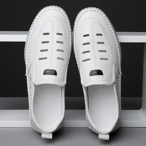 Men Casual Hollow Out Leather Sandals Breathable Slip-on Summer Beach Shoes Soft Sole Hand Stitched Minimalist Loafers