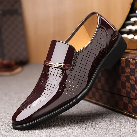 Men Business Patent Leather Loafers Summer Breathable Hollow Out Formal Dress Shoes Metal Buckle Slip On Office Footwear