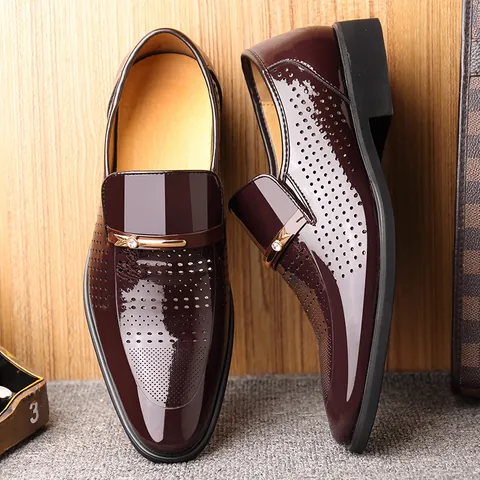 Men Business Patent Leather Loafers Summer Breathable Hollow Out Formal Dress Shoes Metal Buckle Slip On Office Footwear