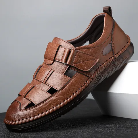 Herren Casual Leder Sandalen Mit Klettverschluss Atmungsaktiv Handgenäht Weiche Sohle Sommer Strand Fahrerschuhe Für Männer