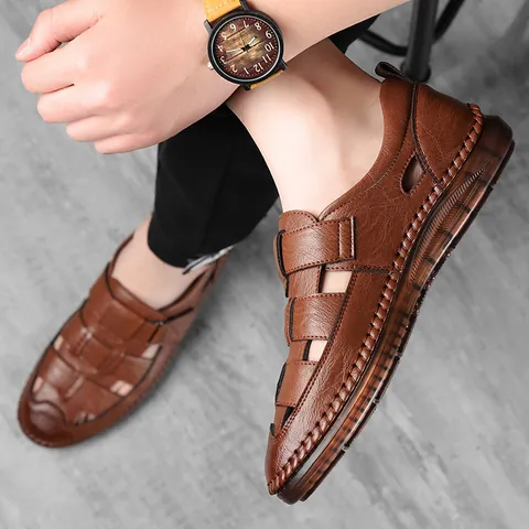 Herren Casual Leder Sandalen Mit Klettverschluss Atmungsaktiv Handgenäht Weiche Sohle Sommer Strand Fahrerschuhe Für Männer