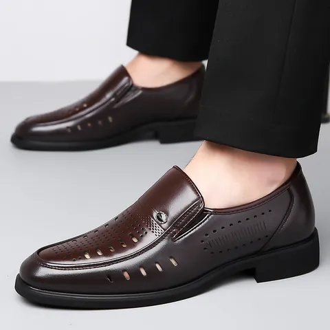 Men Business Casual Leather Hollow Shoes Breathable Slip On Loafers Summer Cowhide Split Leather Sandals Rubber Sole Shoes