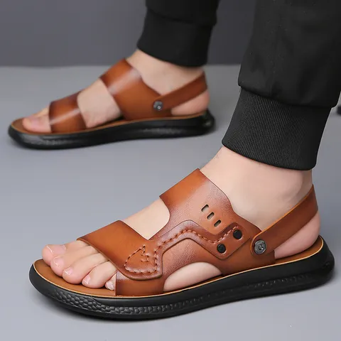 Herren Echte Rindsleder Sandalen Zwei-Wege-Tragekomfort Slipper Outdoor Strand Lässig Rutschfest Weiche Sohle Atmungsaktiv Sommerschuhe