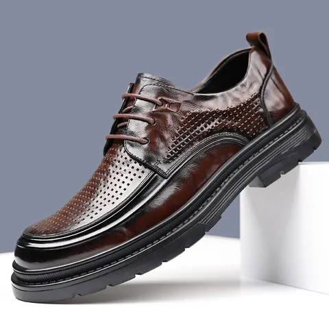 Men's Business Casual Leather Shoes Hollow Breathable Cowhide Formal Shoes British Style Lace-up Non-slip Rubber Sole Brown Black Shoes
