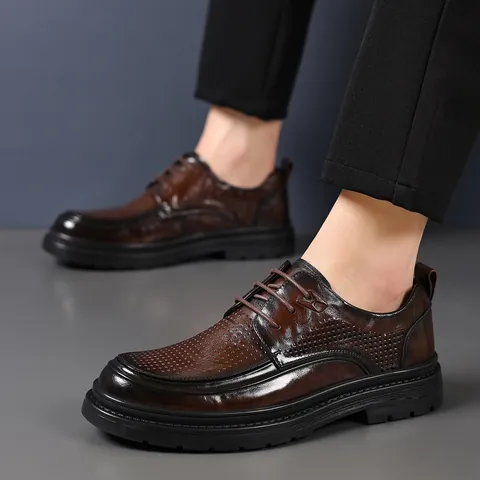 Men's Business Casual Leather Shoes Hollow Breathable Cowhide Formal Shoes British Style Lace-up Non-slip Rubber Sole Brown Black Shoes