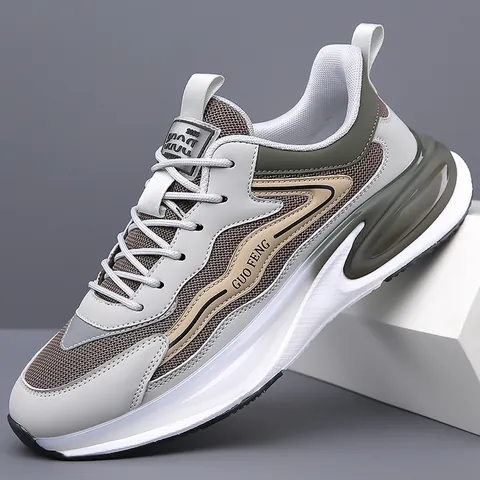 Men's Casual Sports Sneakers Breathable Mesh Synthetic Leather Running Shoes Thick Sole Non-slip Fashion Lightweight Daily Footwear