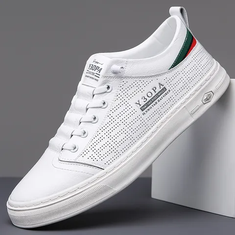 Men Casual Genuine Leather Board Shoes Breathable Hollow Out White Sneakers Slip-on Fashion Loafers With Contrast Webbing Rubber Sole
