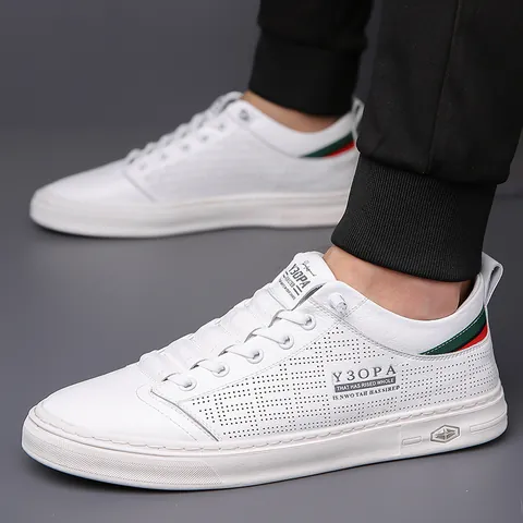 Men Casual Genuine Leather Board Shoes Breathable Hollow Out White Sneakers Slip-on Fashion Loafers With Contrast Webbing Rubber Sole