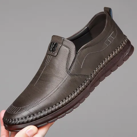 Chaussures Décontractées en Cuir pour Hommes à Enfiler Semelle en Tendon de Boeuf Souple Antidérapant Mocassins Cousus Main Couleur Unie