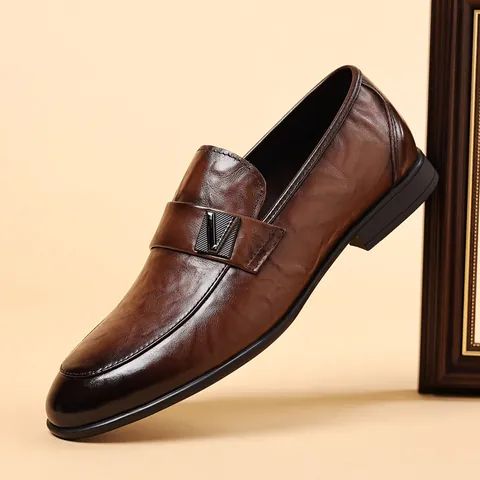 Men Loafers Top Grain Cowhide Slip On Business Casual Shoes Metal Buckle Breathable Formal Dress Shoes For Wedding Office