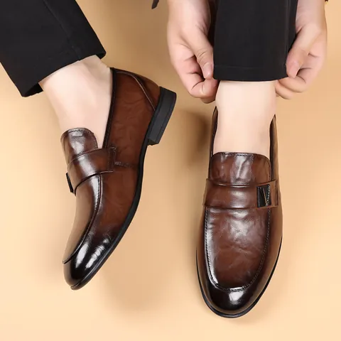 Men Loafers Top Grain Cowhide Slip On Business Casual Shoes Metal Buckle Breathable Formal Dress Shoes For Wedding Office