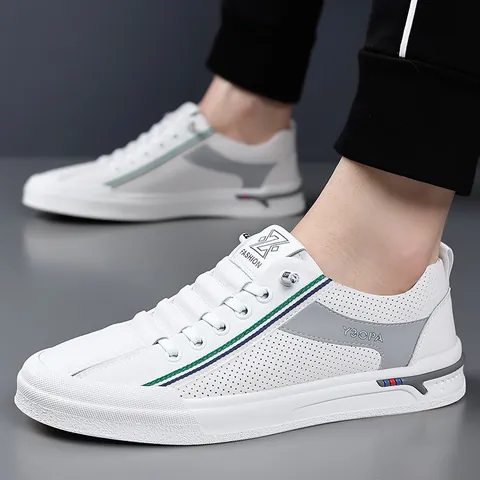 Men's Casual Board Shoes Split Cowhide Leather Perforated Breathable White Sneakers Slip-On Lightweight Soft Sole Non-Slip Shoes