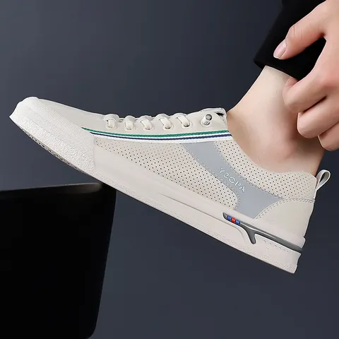 Men's Casual Board Shoes Split Cowhide Leather Perforated Breathable White Sneakers Slip-On Lightweight Soft Sole Non-Slip Shoes