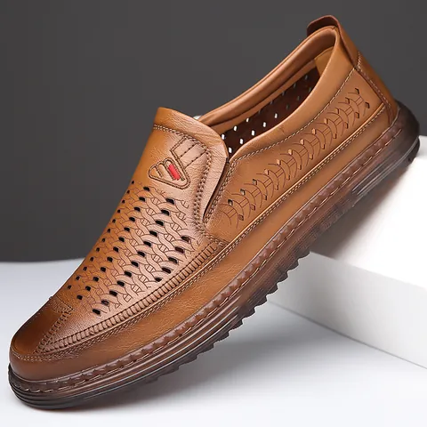 Mocassini Casual da Uomo Traforati Estivi Traspiranti Scarpe Senza Lacci Suola Morbida in Crosta di Cuoio Scarpe da Lavoro Antiscivolo