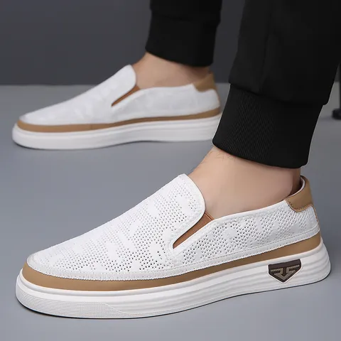 Men's Breathable Mesh Casual Loafers Slip-on Hollow Out Walking Shoes Lightweight Non-slip Summer Sneakers For Men White Black