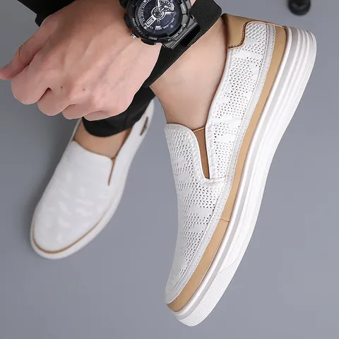 Men's Breathable Mesh Casual Loafers Slip-on Hollow Out Walking Shoes Lightweight Non-slip Summer Sneakers For Men White Black