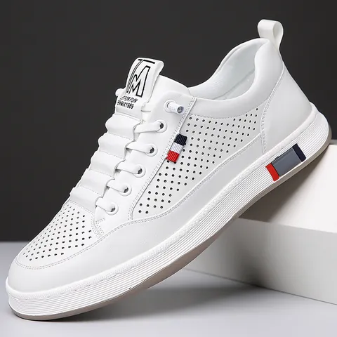 Heren Casual Koeienleer Witte Schoenen Ademend Geperforeerd Instapper Zomer Opengewerkt Antislip Zachte Zool Mode Skateschoenen