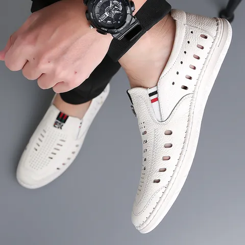 Men's Casual Genuine Cowhide Leather Loafers Summer Breathable Hollow Design Slip-on Shoes Non-slip Rubber Sole Fashion Soft Walking Shoes