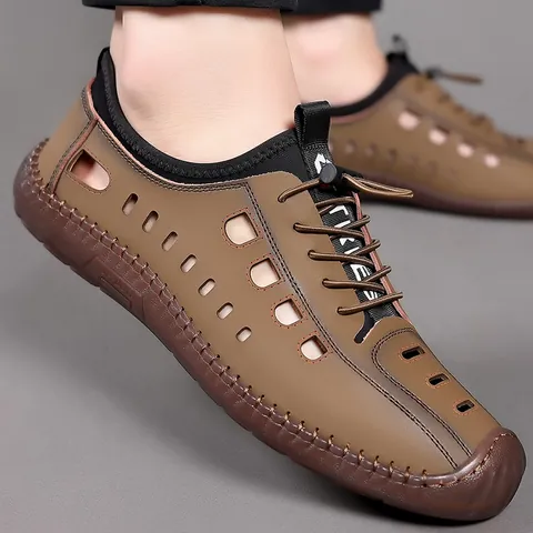 Herren Lässige Hohle Ledersandalen Atmungsaktive Slip-On Loafer Rutschfeste Gummisohle Sommer Outdoor Strandschuhe