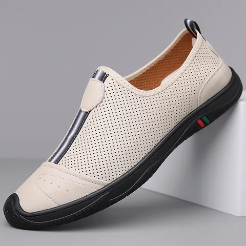 Men Casual Loafers Breathable Hollow Split Leather Summer Shoes Non Slip Rubber Sole Slip On Walking Shoes For Men Business