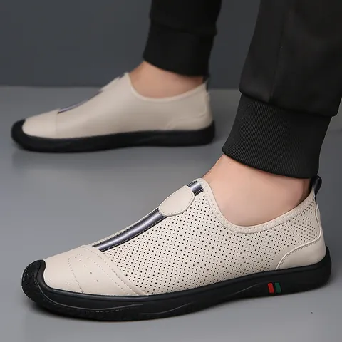 Men Casual Loafers Breathable Hollow Split Leather Summer Shoes Non Slip Rubber Sole Slip On Walking Shoes For Men Business