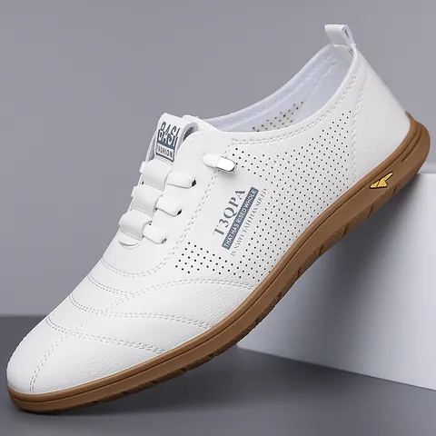 Scarpe Casual in Pelle da Uomo Estive Traspiranti Traforate Mocassini Bianchi Suola in Gomma Antiscivolo Scarpe da Guida