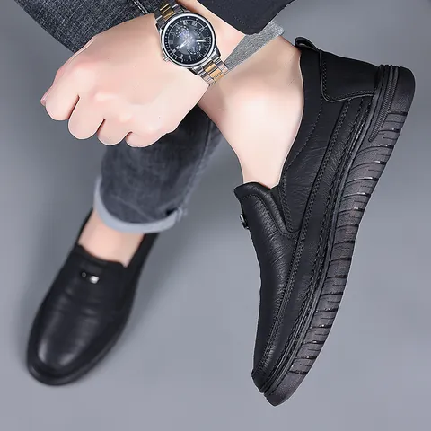 Men's Casual Genuine Cowhide Leather Loafers Slip-on Driving Shoes With Soft Non-slip Beef Tendon Sole Business Office Formal Shoes
