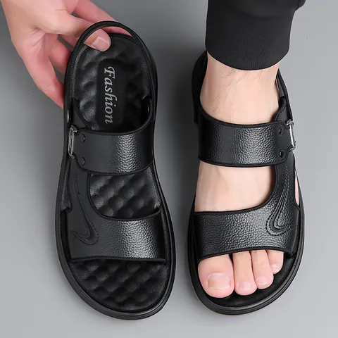 Herren Rindsleder Sandalen Dual Use Strand Hausschuhe Lässig Rutschfest Polyurethan Sohle Schnallen Dekor Handgenäht Outdoor