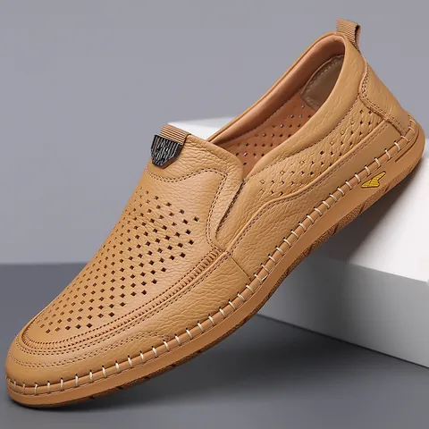 Mocassini Casual da Uomo in Vera Pelle Scarpe Slip-On Traforate Traspiranti Suola Morbida Antiscivolo Mocassini Business Casual Estivi
