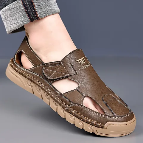 Herren Leder Casual Sandalen Hollow Out Atmungsaktiv Strandschuhe Mit Rutschfester Gummisohle Retro Klettverschluss Sommer Outdoor Schuhe
