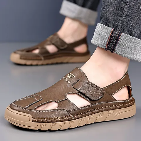 Herren Leder Casual Sandalen Hollow Out Atmungsaktiv Strandschuhe Mit Rutschfester Gummisohle Retro Klettverschluss Sommer Outdoor Schuhe