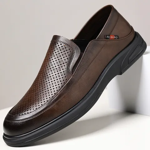 Men Business Casual Cowhide Leather Loafers Hollow Breathable Slip On Driving Shoes Soft Rubber Sole Non Slip Brown Black