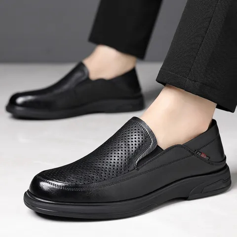 Men Business Casual Cowhide Leather Loafers Hollow Breathable Slip On Driving Shoes Soft Rubber Sole Non Slip Brown Black