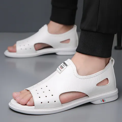 Sandalias Casuales Caladas para Hombre Zapatos de Playa Transpirables Antideslizantes Suela Blanda Cuero Microfibra Verano