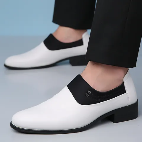 Men Business Leather Shoes British Style Contrast Black White Formal Dress Loafers Slip-on Soft Sole Non-slip Wedding Shoes