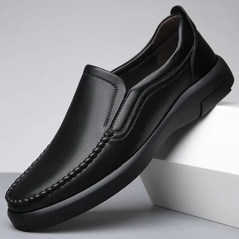 Men Cowhide Leather Business Casual Loafers Slip On Dress Shoes Rubber Sole Wear Resistant Formal Wedding Office Shoes