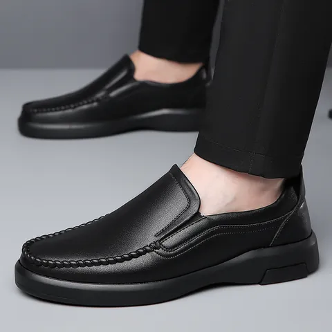 Men Cowhide Leather Business Casual Loafers Slip On Dress Shoes Rubber Sole Wear Resistant Formal Wedding Office Shoes
