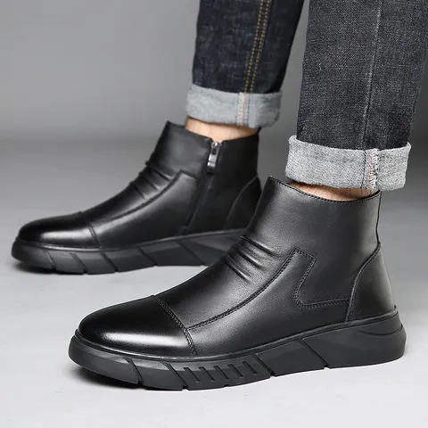 Men British Style Cowhide Leather Martin Boots Side Zipper Work Boots Fleece Lined Warm Winter Ankle Boots Non-Slip Rubber Sole Casual Shoes