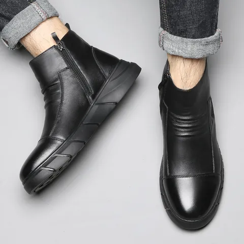 Men British Style Cowhide Leather Martin Boots Side Zipper Work Boots Fleece Lined Warm Winter Ankle Boots Non-Slip Rubber Sole Casual Shoes