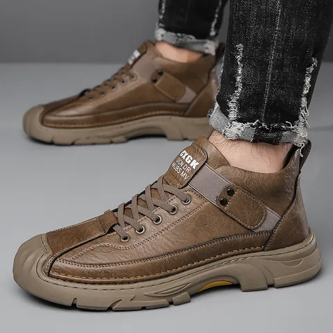 Men's High-top Cowhide Leather Boots Winter Warm Artificial Plush Lining Non-slip Outdoor Casual Shoes Cotton Boots