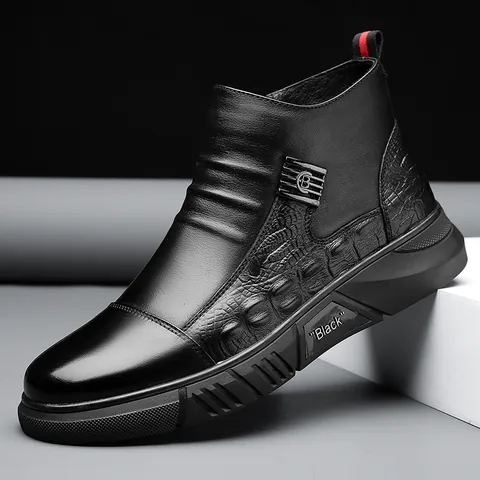 Men Martin Boots Fashion Leather Winter Boots Warm Fleece Lined Non Slip Casual Business Mid Top Boots For Men Black